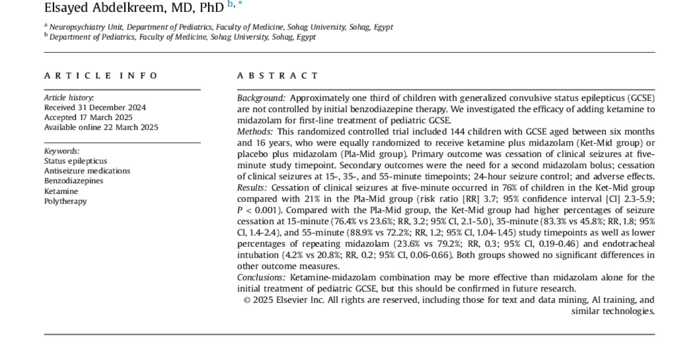 Combined Ketamine and Midazolam Versus Midazolam Alone for Initial Treatment of Pediatric Generalized Convulsive Status Epilepticus (Ket-Mid Study)- A Randomized Controlled Trial