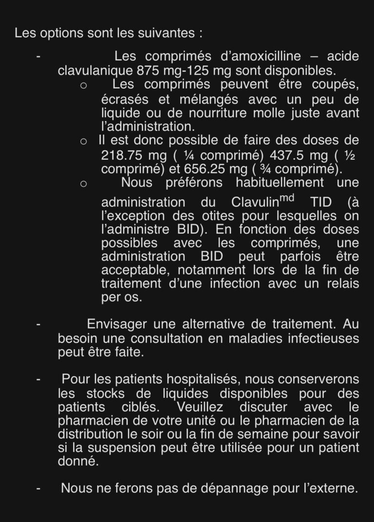 Clavulin Options suite à la rupture d'approvisionnement Urgence CHU