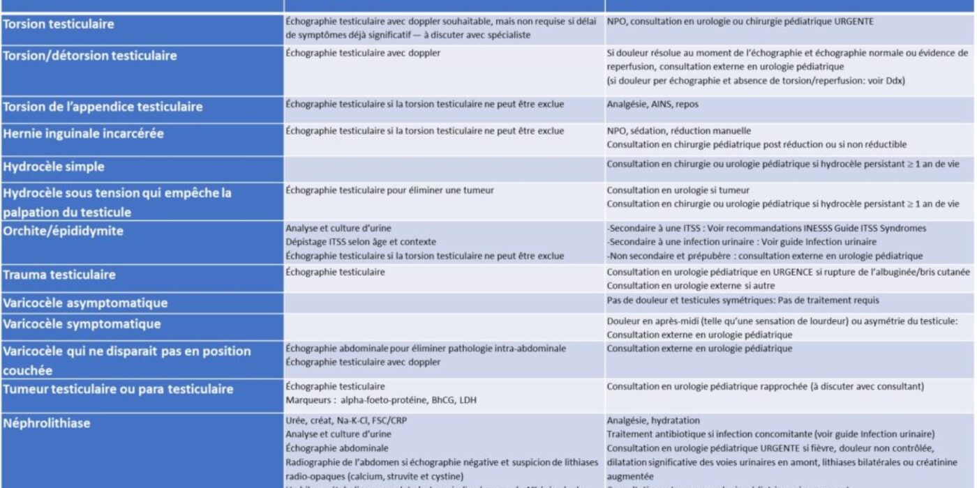 Investigations et tx dlr testiculaire et tuméfaction