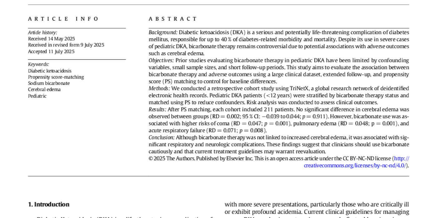 Reevaluating bicarbonate therapy in pediatric DKA- A propensity score-matched analysis of neurological and respiratory outcomes